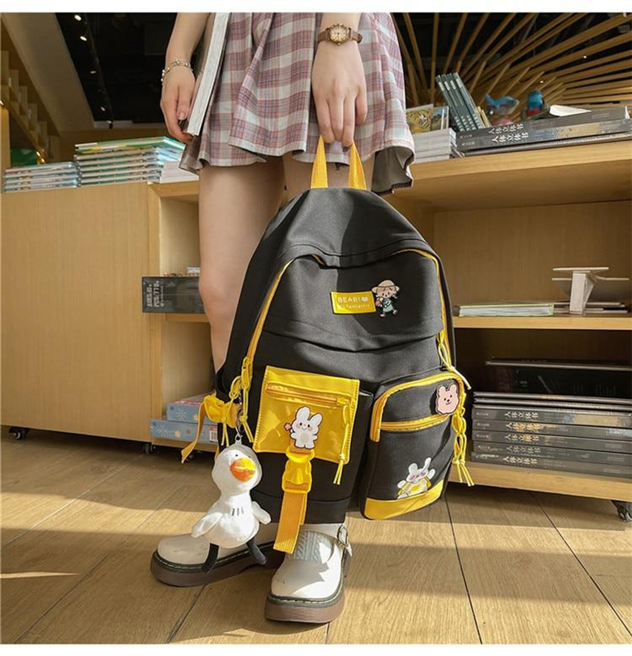 Simple Casual Canvas Backpack School Bag With Cute Badges Duck Pendant -  Bags & Luggage - Temu