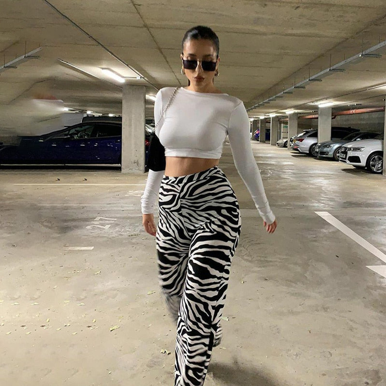 Y2K AESTHETIC ZEBRA PATTERN HIGH WAIST BLACK PANTS - Cosmique Studio