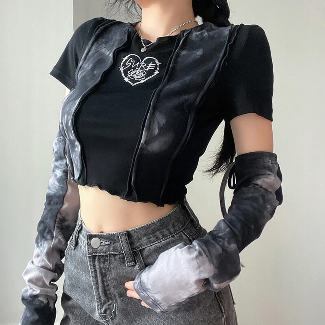Black V Neck Rib Knit Crop Top Fairy Core Witch Core Grunge