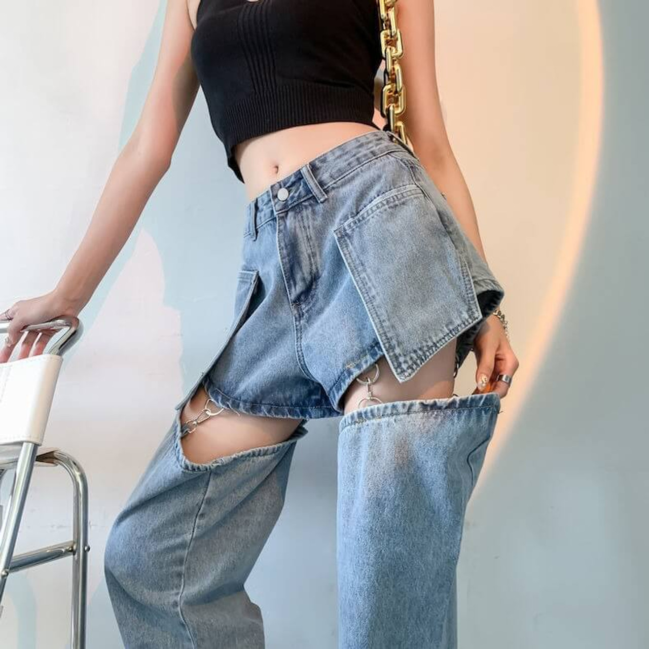 Egirl Ripped Chain Pants - Cosmique Studio