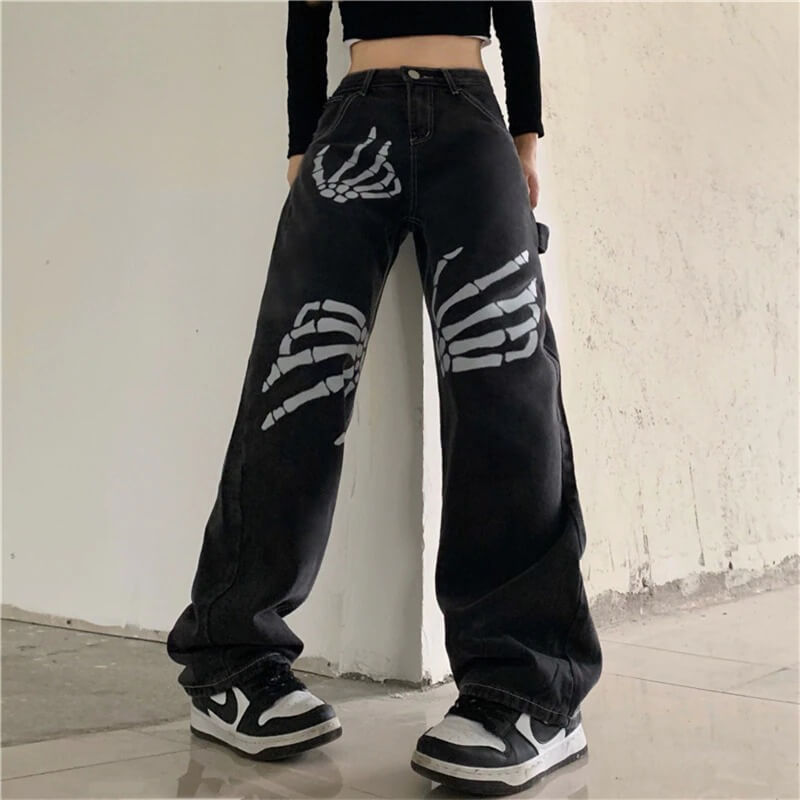 Y2k Skeleton Hands Denim Pants - Cosmique Studio