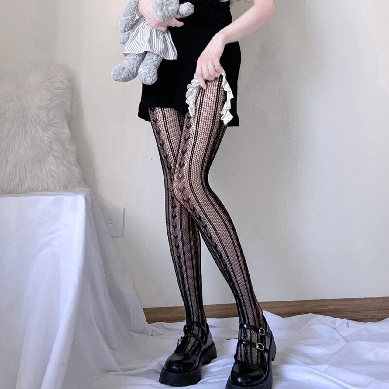 US$ 6.99 - Y2K Rose Lace Fishnet Gothic Lolita Tights - m.