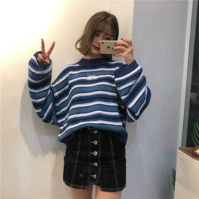 Knitted Oversized Blue Sweater - Cosmique Studio