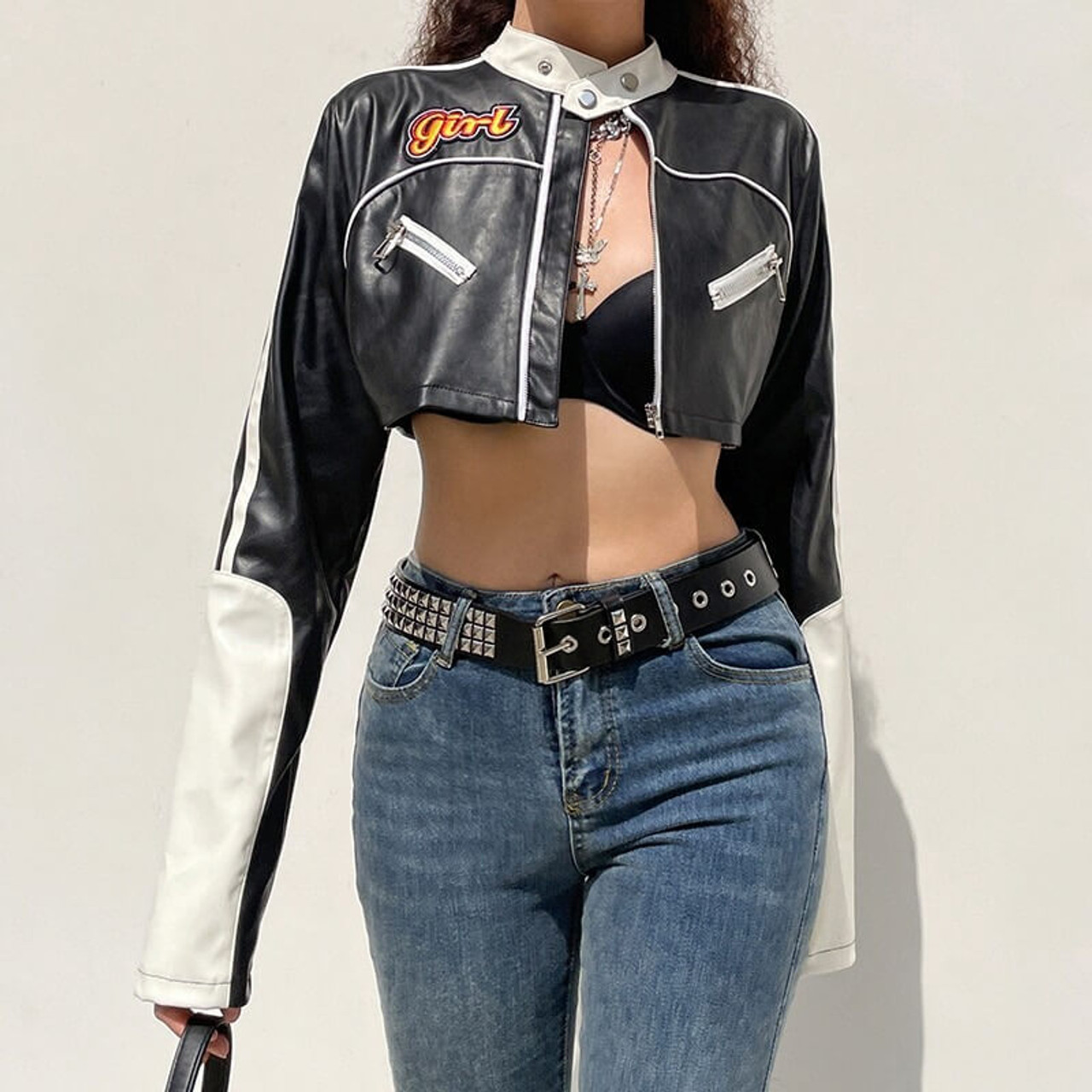 【Anyone more】Kuroki Hem Cut Crop Jacket Grunge Biker Girl Crop Jacket - Cosmique Studio
