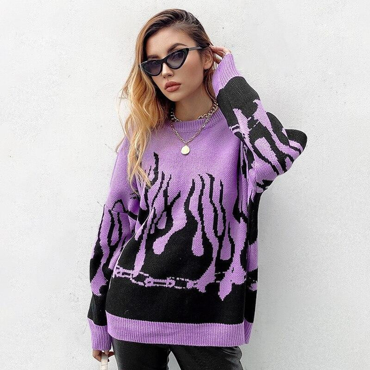 トップス FIRE PATTERN SWEATER HARAJUKU FIRE STYLE KNITTED SWEATER - Cosmique Studio