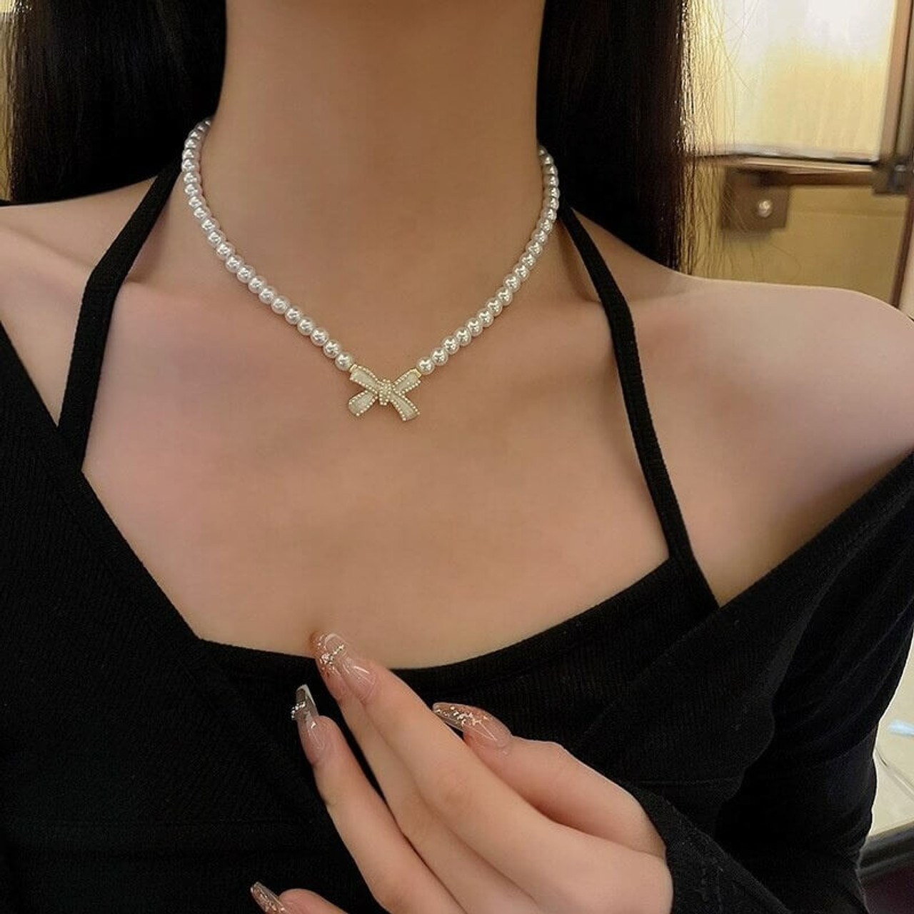 ★VINTAGE HOLLYWOOD★ Petit Twinkle Ribbon Pearl Necklace □VINTAGE HOLLYWOOD□ Petit Twinkle Ribbon Pearl Necklace VH