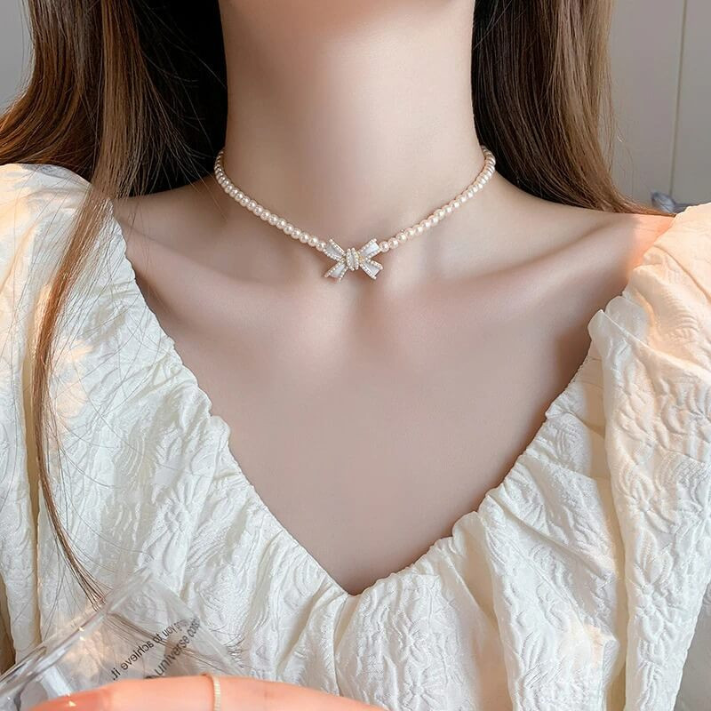 ワンピース Pearl ribbon chain quilting gilet Coquette Pearl Ribbon Necklace - Cosmique Studio