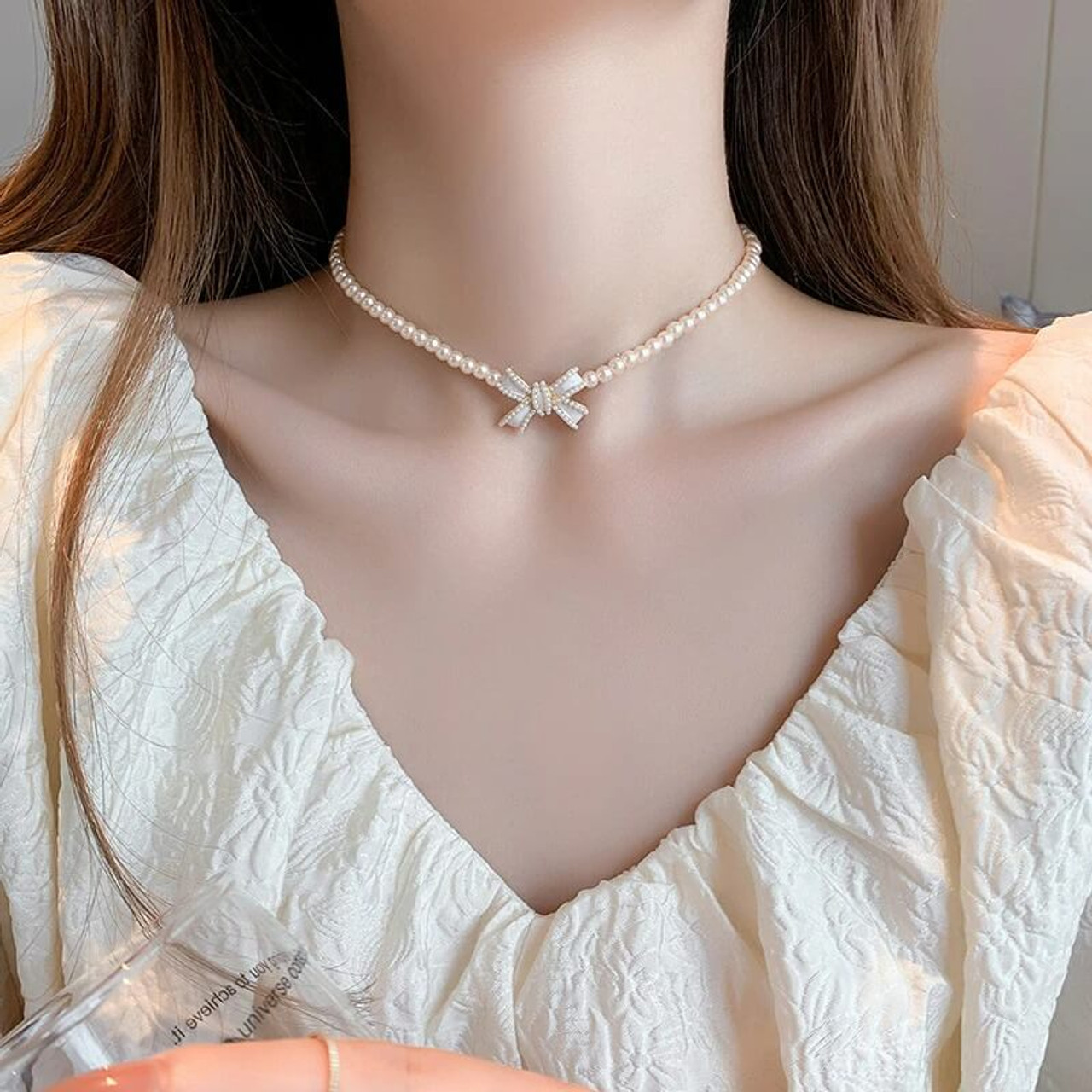 Ribbon and Pearl Necklace - Costume Jewelry