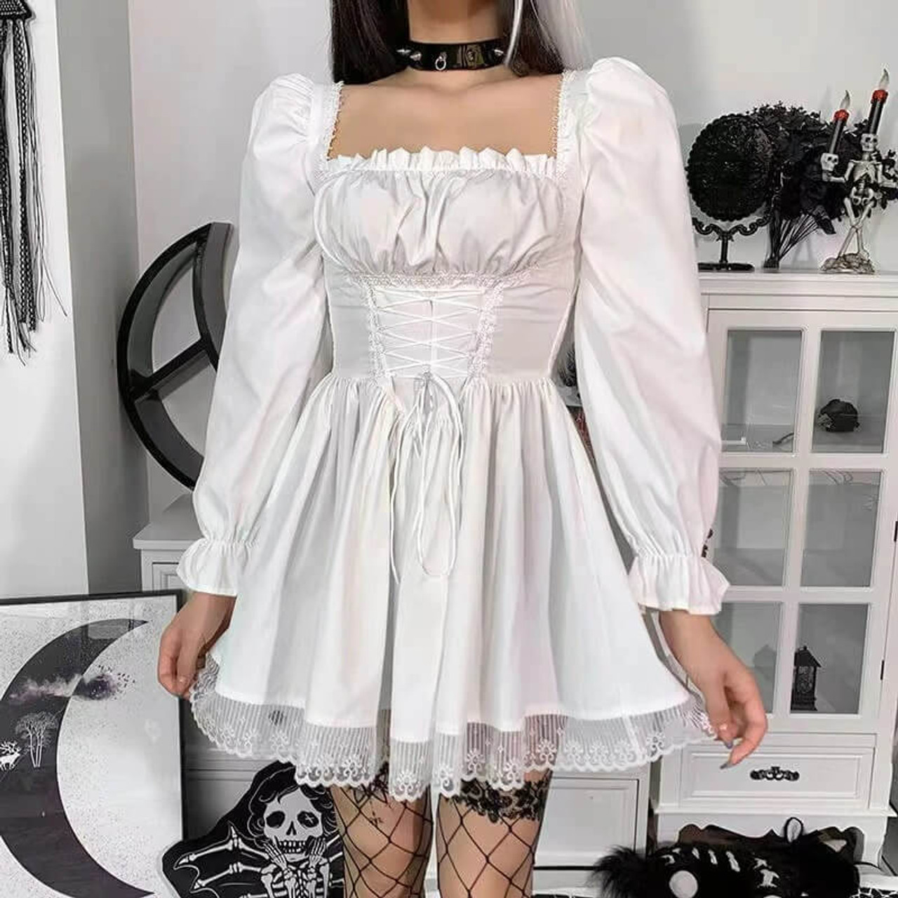 縷縷夢兎 fairy grunge lace up mini dress Women's Vintage Lace Fairy Dress Aesthetic Y2k E Girls