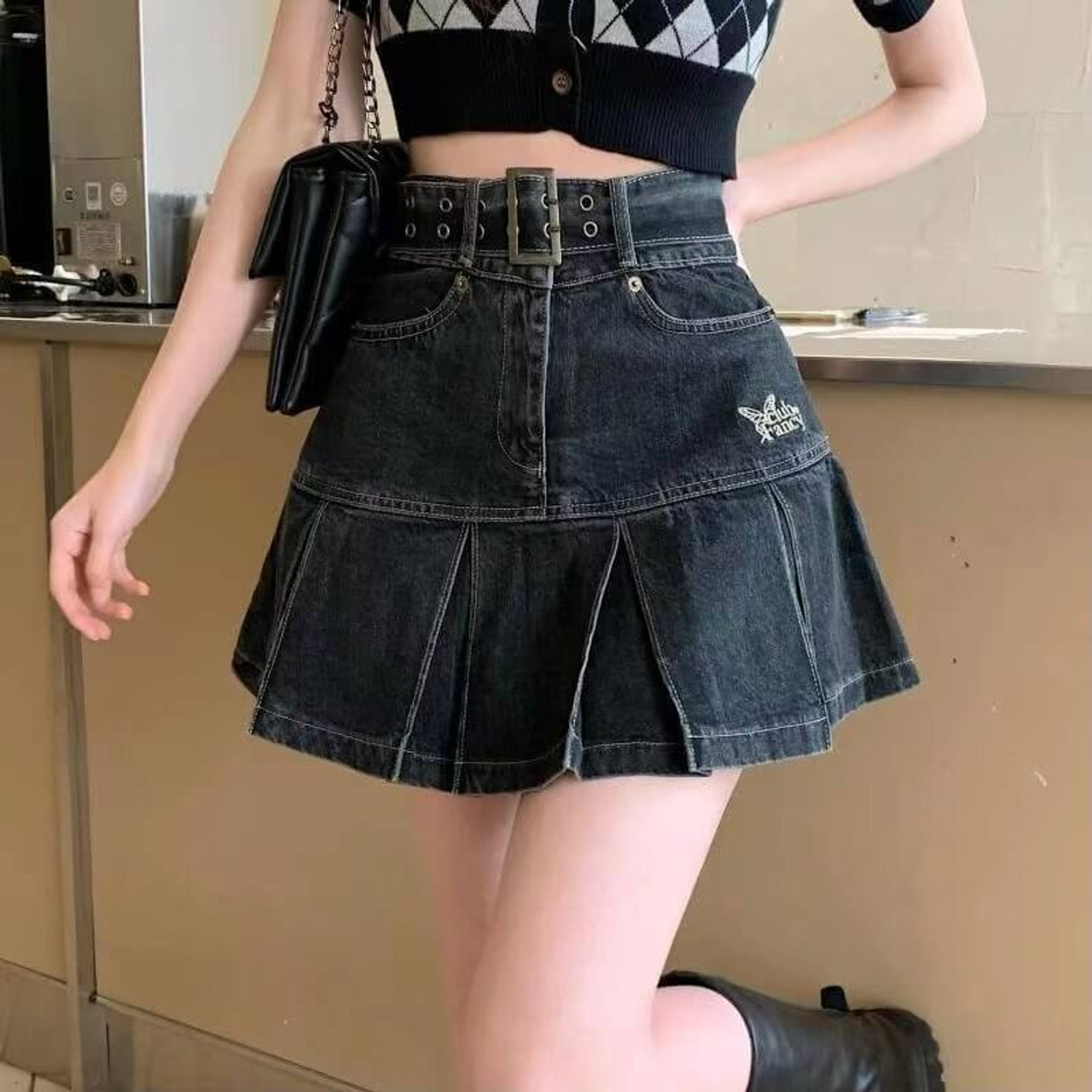 Y2K Pleated Denim Mini Skirt