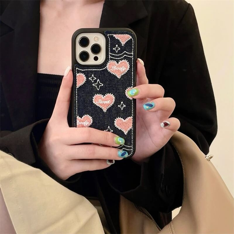 Y2k Denim Embroidered Phone Case - Cosmique Studio