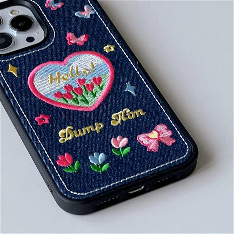 Y2k Denim Embroidered Phone Case - Cosmique Studio