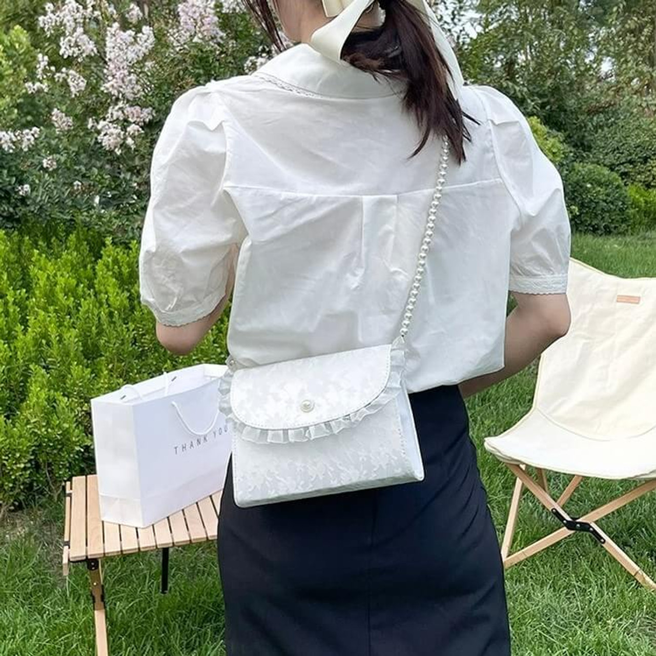 Coquette Korean Fashion Y2K Baguette Bag with Pearl Chain Black