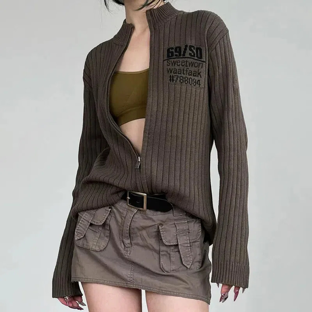Grunge Zip-Up Slim Cardigan Jacket - Cosmique Studio