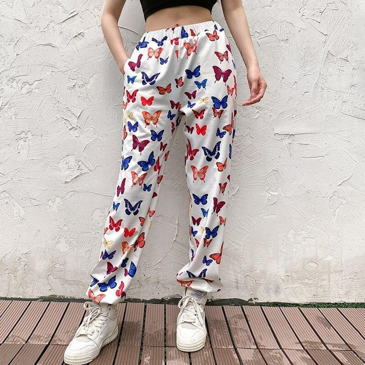 Aesthetic Style Butterfly Printed Elastic High Waist Pants