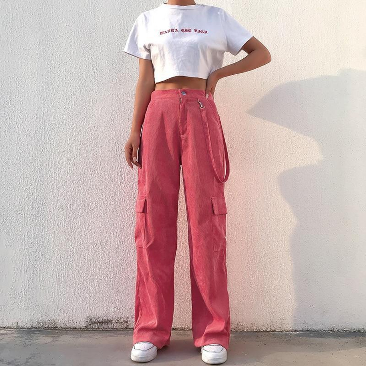 STYLISH CORDUROY PINK BAGGY HIGH WAIST PANTS - Cosmique Studio