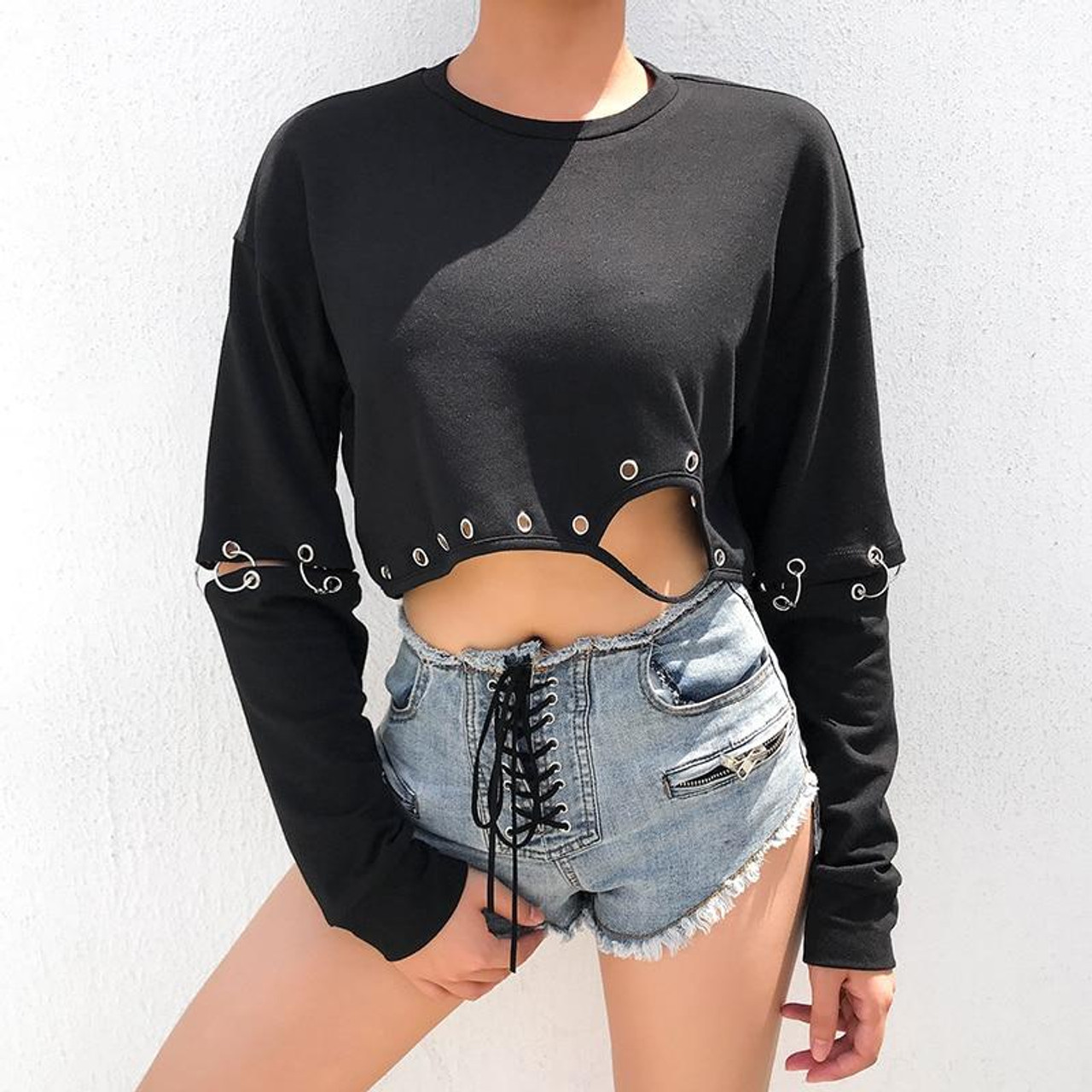GOTHIC GRUNGE BLACK DETACHABLE SLEEVE CROP TOP - Cosmique Studio