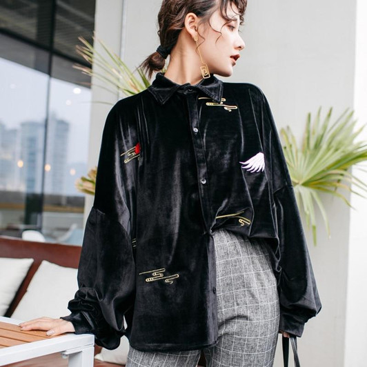 STYLISH EMBROIDERED VELOUR SHIRT - Cosmique Studio
