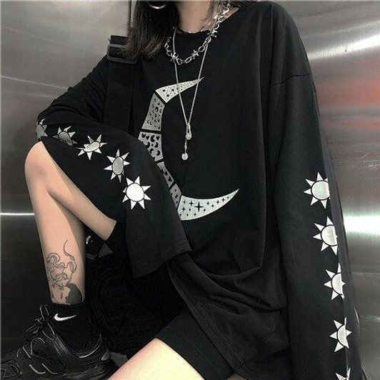 EDGY STYLE O-NECK LOOSE GOTHIC TEE-Cosmique Studio-Aesthetic-Egirl-Grunge-Clothing