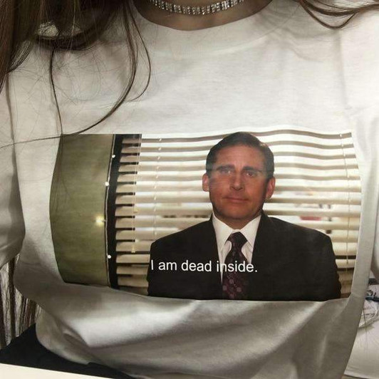 I am dead inside tee in white with a photo of michael scott
