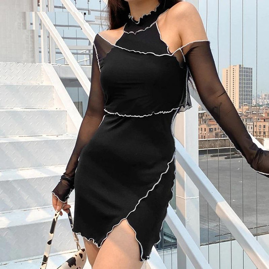 BLACK 2 PIECES FRILL SEXY MINI DRESS-Cosmique Studio-Aesthetic Clothing Store