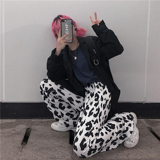 HARAJUKU COW PRINT PANTS-Cosmique Studio-Aesthetic Clothing Store