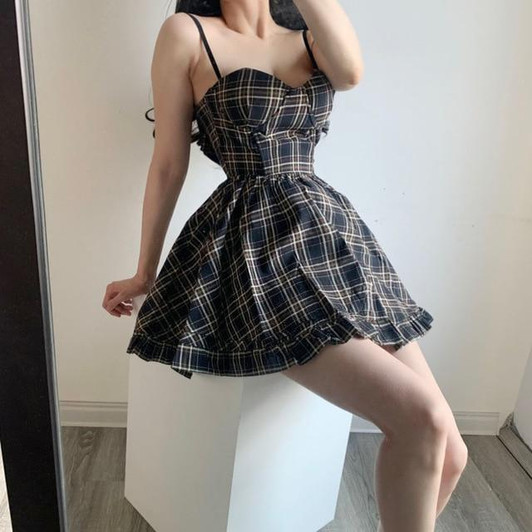 VINTAGE STRAP PLAID MINI DRESS-Cosmique Studio-aesthetic-clothing-store