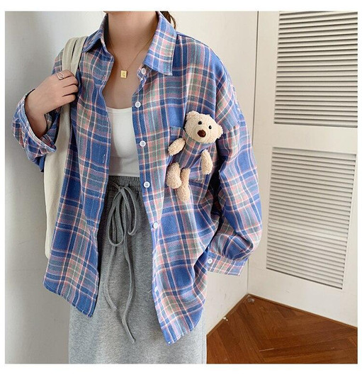 AESTHETIC STYLE PLAID SHIRT WITH BEAR-aesthetic-clothing-cosmiquestudio.com