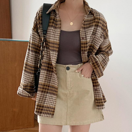 AESTHETIC VINTAGE WOOLEN PLAID SHIRT-aesthetic-clothing-cosmiquestudio.com