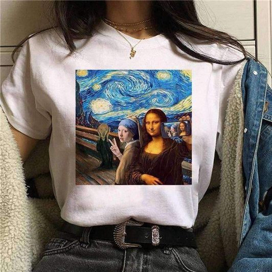 mona lisa vs. the girl with a pearl earring and scream art tee.