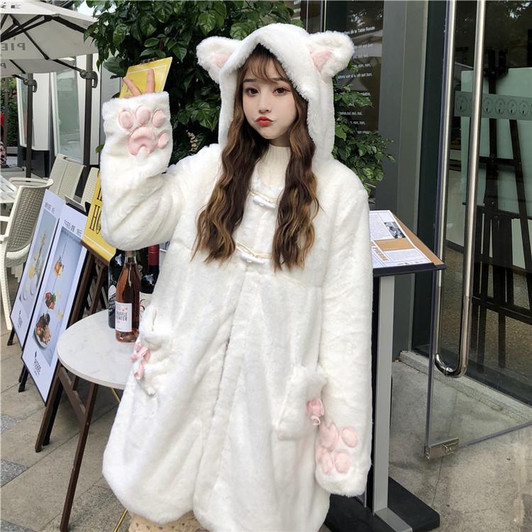 KAWAII LOLITA GIRL CUTE WHITE CAT PLUSH JACKET-Cosmique Studio-Aesthetic-Outfits