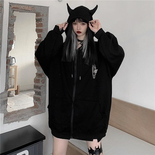 GRUNGE GIRL DEVIL EARS ZIP-UP BLACK HOODIE-Cosmique Studio-Aesthetic-Outfits