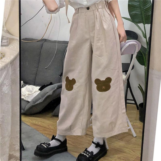 KAWAII GIRL BEAR EMBROIDERY PANTS-Cosmique Studio-Aesthetic-Outfits