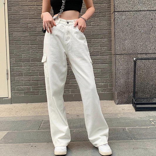 Y2K WHITE HIGH WAIST CARGO PANTS - Cosmique Studio - Aesthetic Outfits