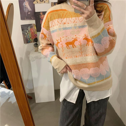 RETRO NATURE O NECK SWEATER - Cosmique Studio - Aesthetic Outfits