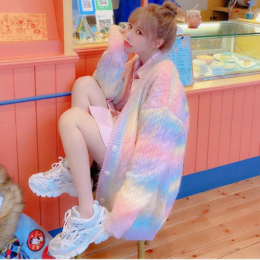 SOFT GIRL RAINBOW KNITTED SWEATER - Cosmique Studio - Aesthetic Outfits