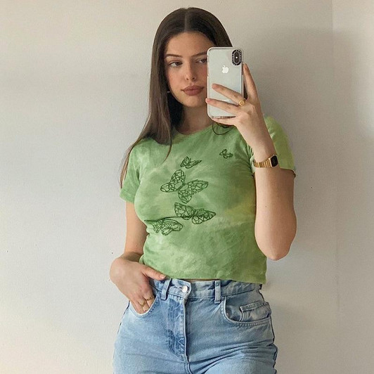 SOFT GIRL BUTTERFLY GREEN CROP TOP - Cosmique Studio