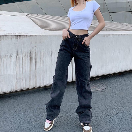 Y2K HIGH WAIST DENIM LOOSE GRAY DENIM PANTS