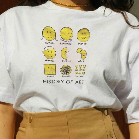 history of art white tee with the icons of da vinci, rembrandt, monet, van gogh, picasso, dali, rothko, pollock, and warhol