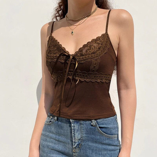 Fairy grunge aesthetic brown lace halter top