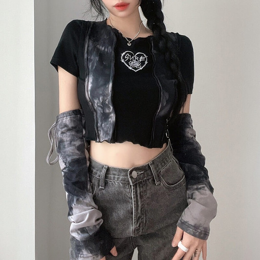 Fairy grunge style black tie dye crop top with glove