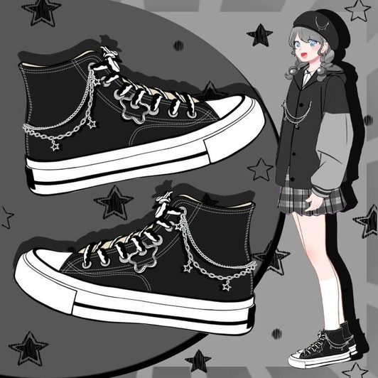 Soft grunge style black/white lace-up, high top, classic canvas with star chains