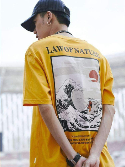 law of nature yellow tee with an image of a cat drowning in the ocean