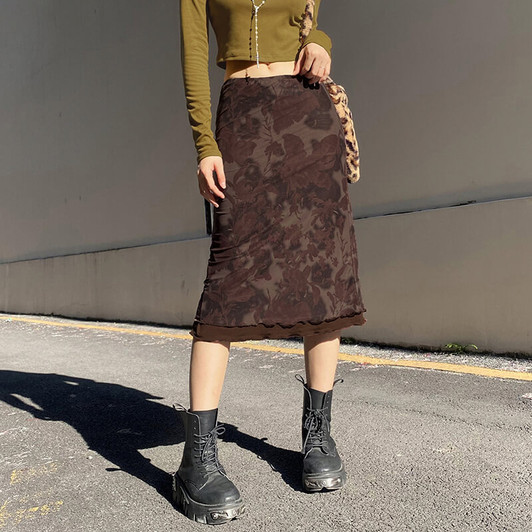 Fairy grunge floral brown midi skirt