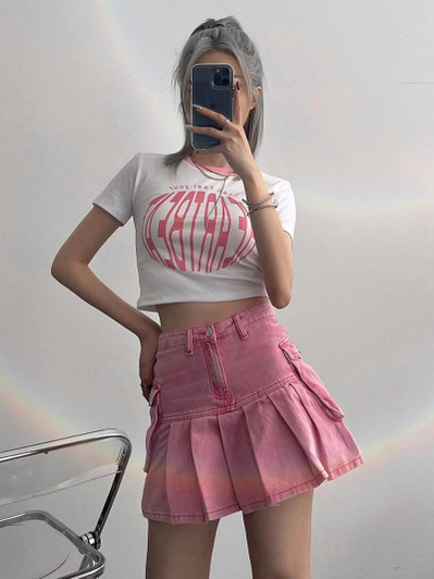 Soft Girl Pleated Denim Mini Skirt