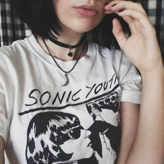 sonic youth white tee with a drawing of two people smoking