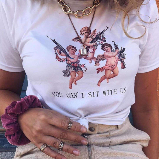 you can't sit with us white tee with the prints of baby angels holding guns