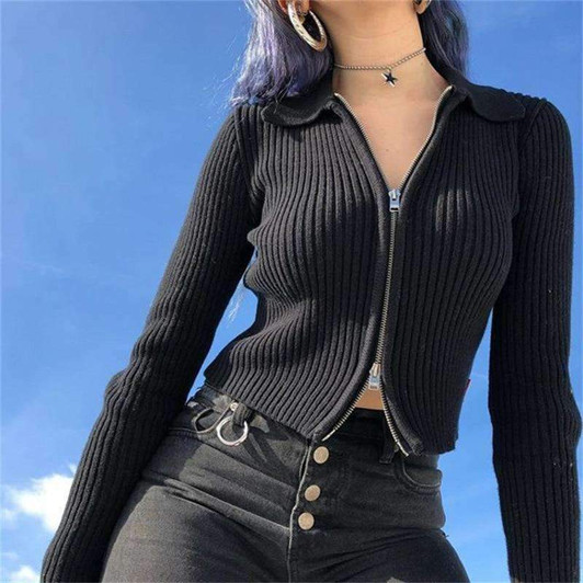 pastel goth ribbed zip-up sweater in black