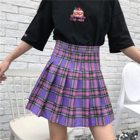 HARAJUKU PURPLE PLAID HIGH WAIST PLEATED SKIRT-Cosmique Studio
