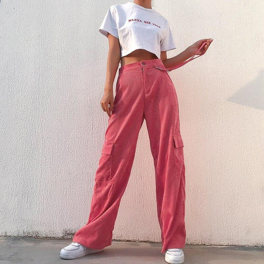 STYLISH CORDUROY PINK BAGGY HIGH WAIST PANTS-Cosmique Studio